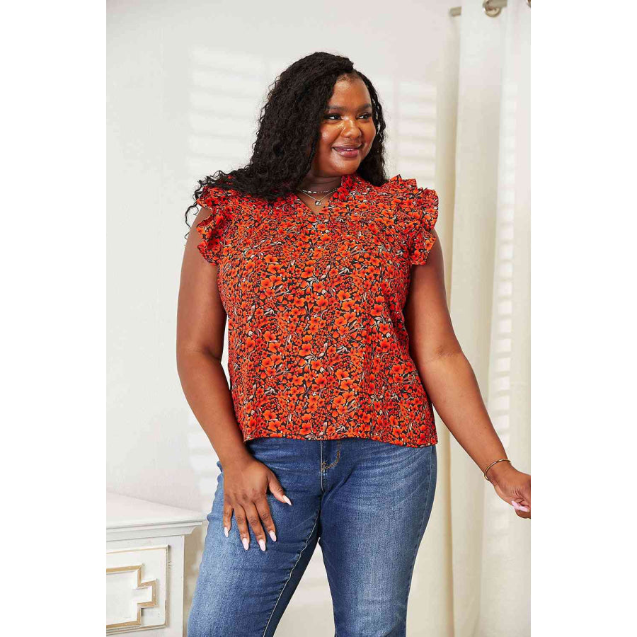 Double Take Floral Flutter Sleeve Notched Neck Blouse Apparel and Accessories
