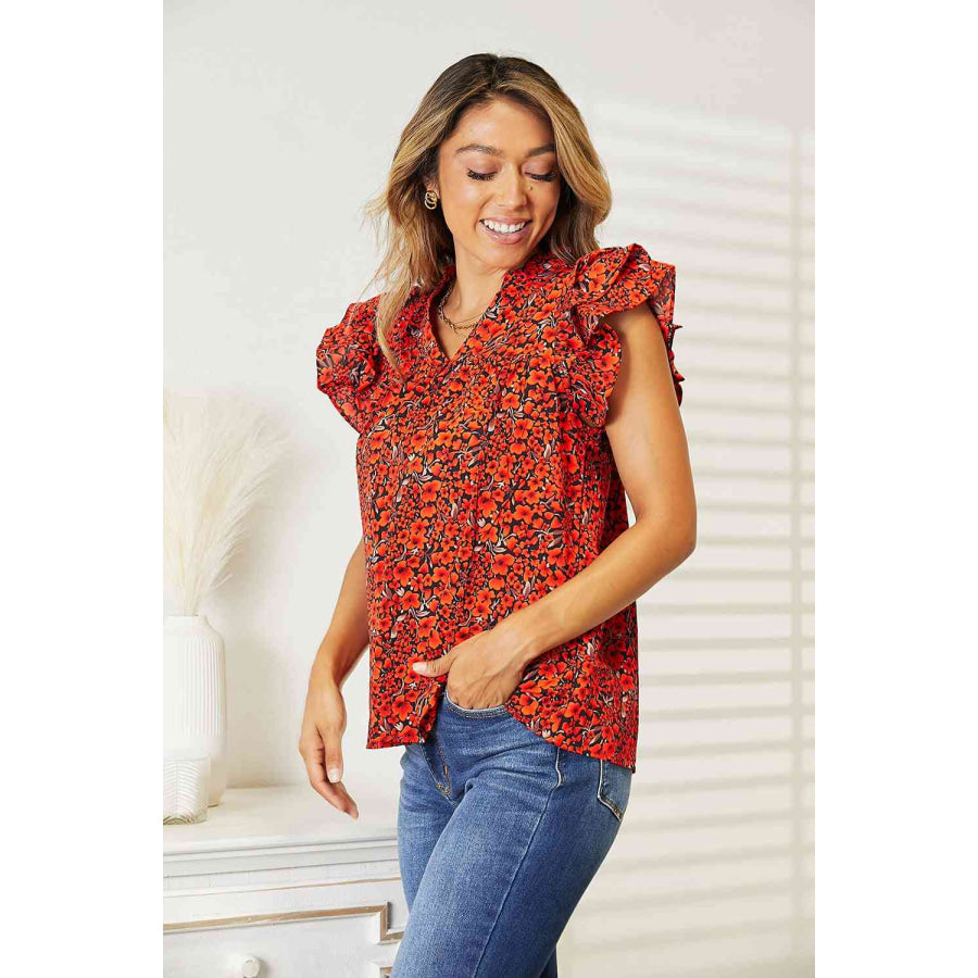 Double Take Floral Flutter Sleeve Notched Neck Blouse Apparel and Accessories