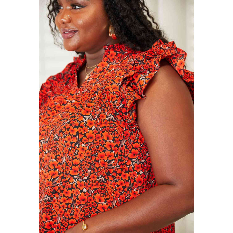 Double Take Floral Flutter Sleeve Notched Neck Blouse Apparel and Accessories