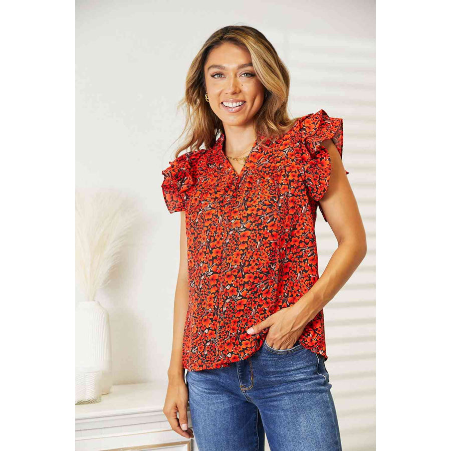 Double Take Floral Flutter Sleeve Notched Neck Blouse Apparel and Accessories