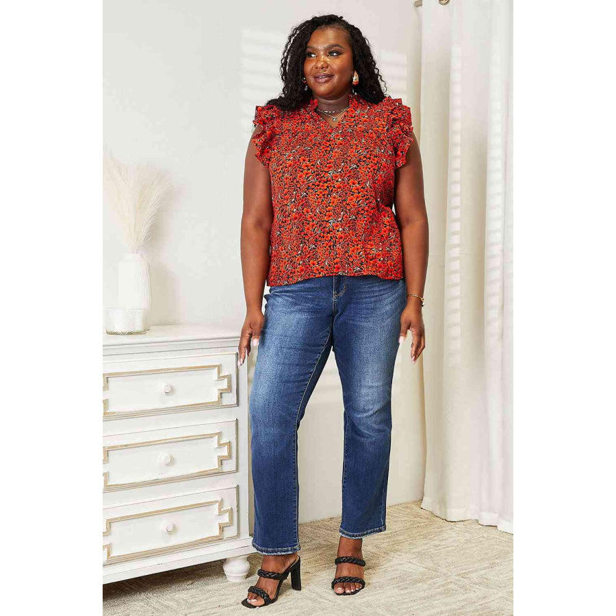 Double Take Floral Flutter Sleeve Notched Neck Blouse Apparel and Accessories