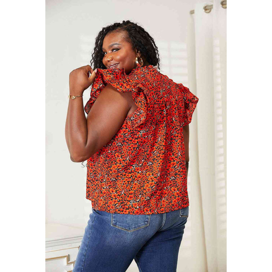 Double Take Floral Flutter Sleeve Notched Neck Blouse Apparel and Accessories