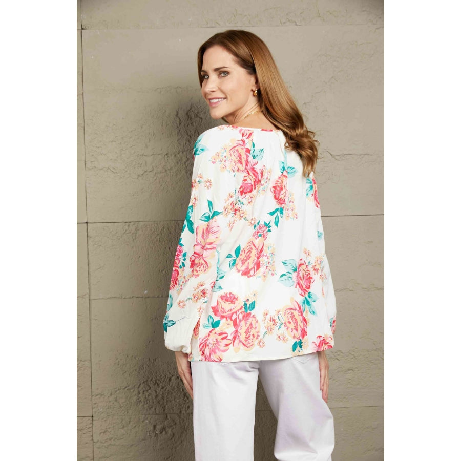 Double Take Floral Notched Neck Long Sleeve Blouse Shirts & Tops