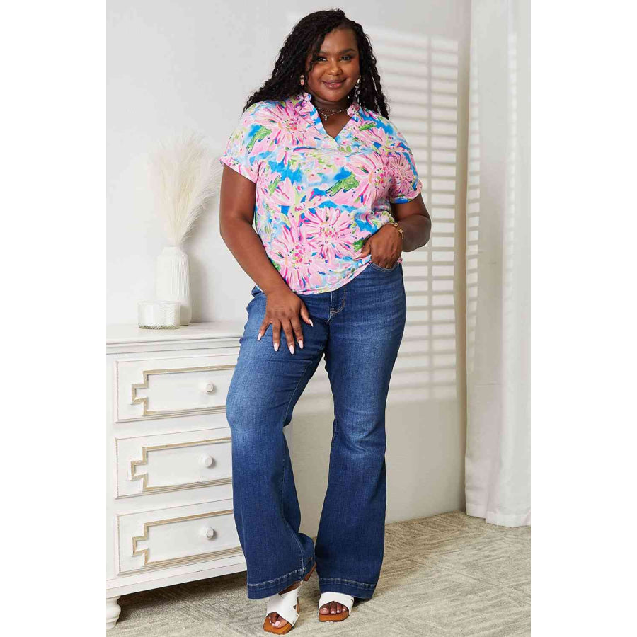 Double Take Floral Notched Neck Short Sleeve Top Apparel and Accessories