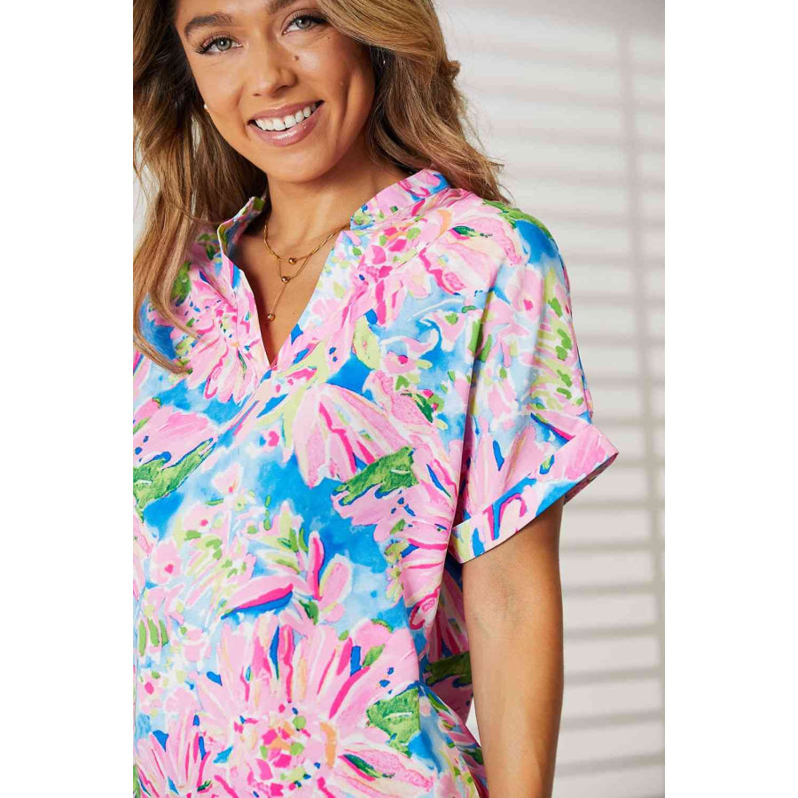 Double Take Floral Notched Neck Short Sleeve Top Apparel and Accessories