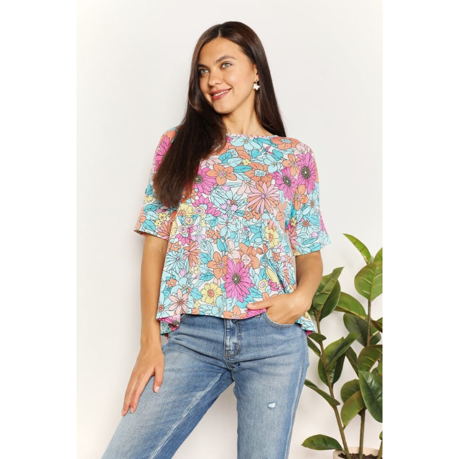 Double Take Floral Round Neck Babydoll Top Floral / S