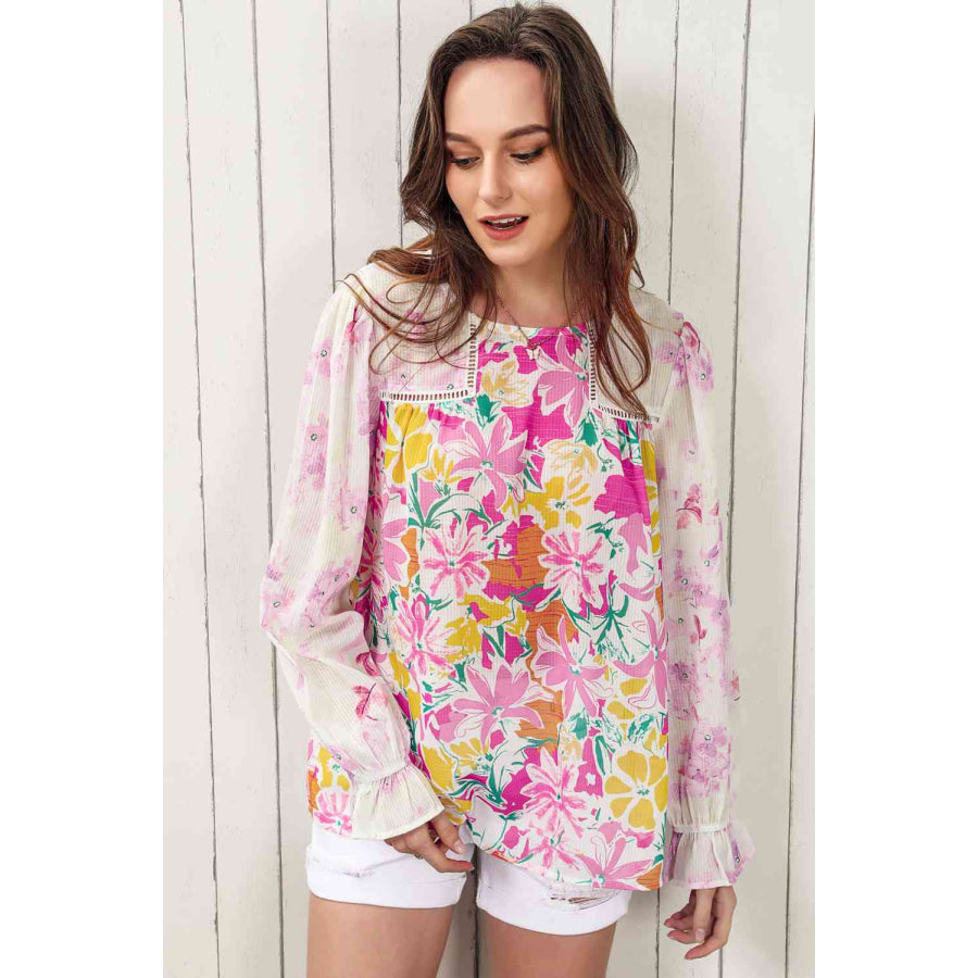Double Take Floral Round Neck Flounce Sleeve Blouse Floral / S Apparel and Accessories