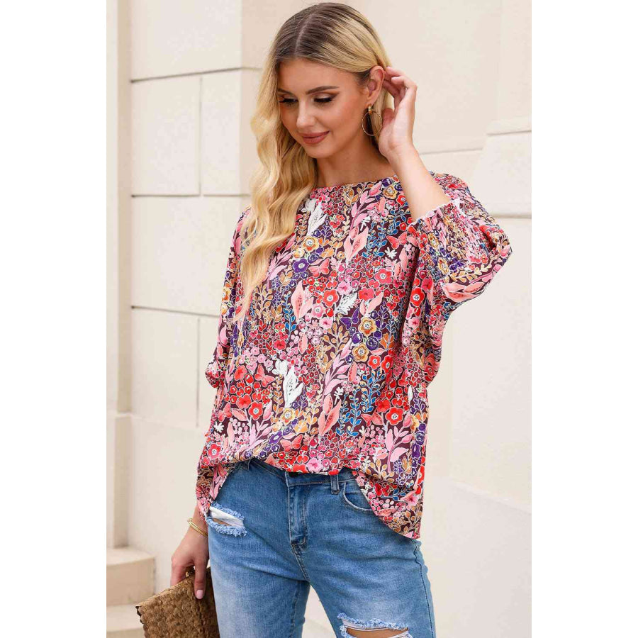 Double Take Floral Round Neck Three-Quarter Sleeve Top Apparel and Accessories