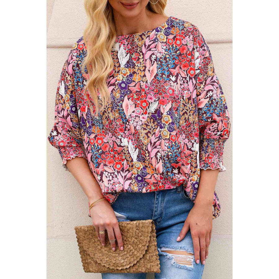 Double Take Floral Round Neck Three-Quarter Sleeve Top Apparel and Accessories