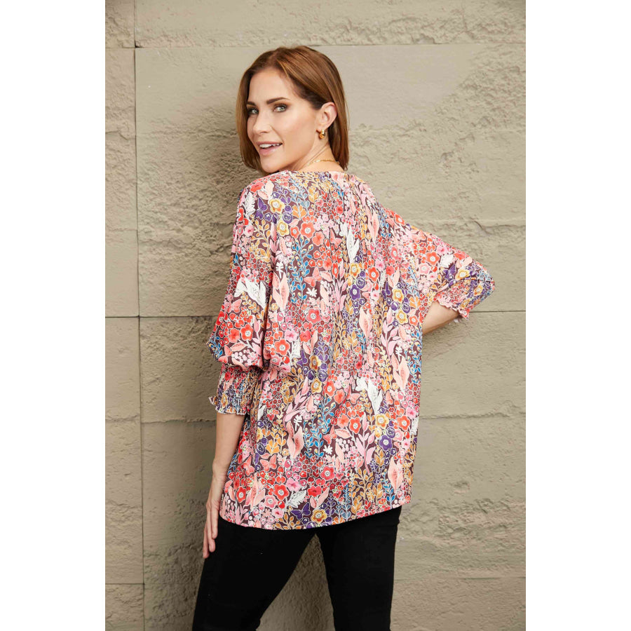 Double Take Floral Round Neck Three-Quarter Sleeve Top Apparel and Accessories