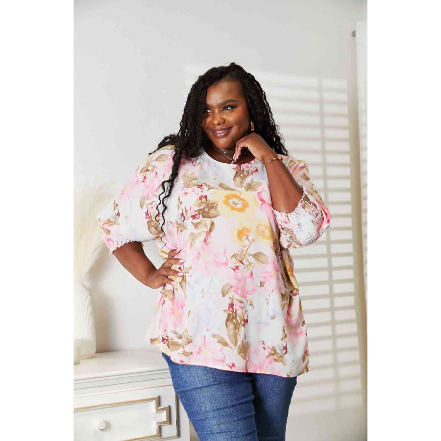 Double Take Floral Round Neck Three-Quarter Sleeve Top Apparel and Accessories
