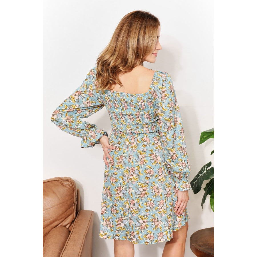 Double Take Floral Smocked Flounce Sleeve Square Neck Dress Floral / S