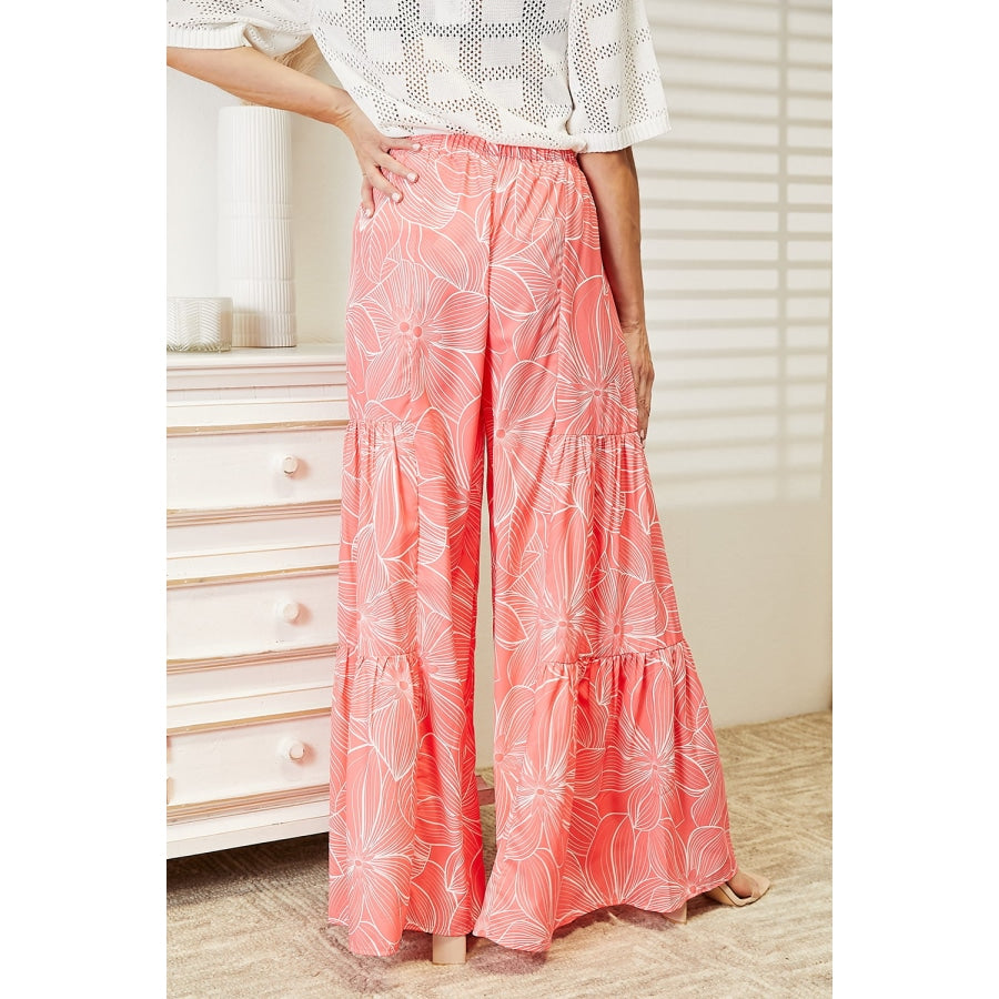 Double Take Floral Tiered Wide Leg Pants Strawberry / S