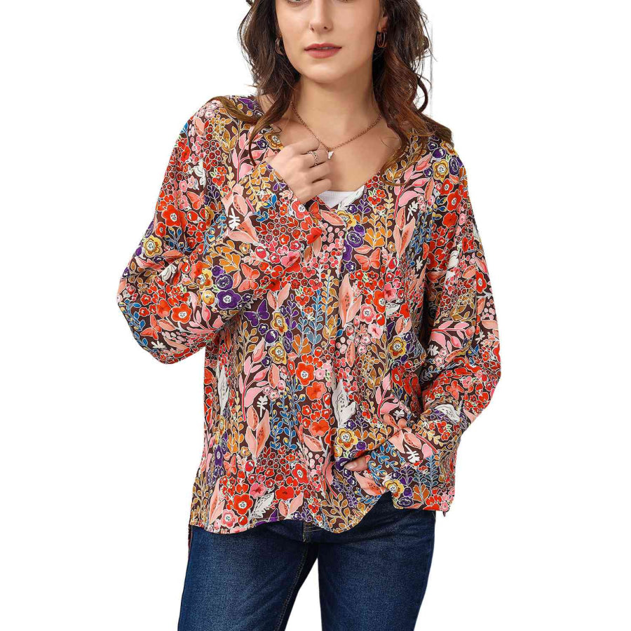 Double Take Floral V-Neck Long Sleeve Blouse Shirts & Tops