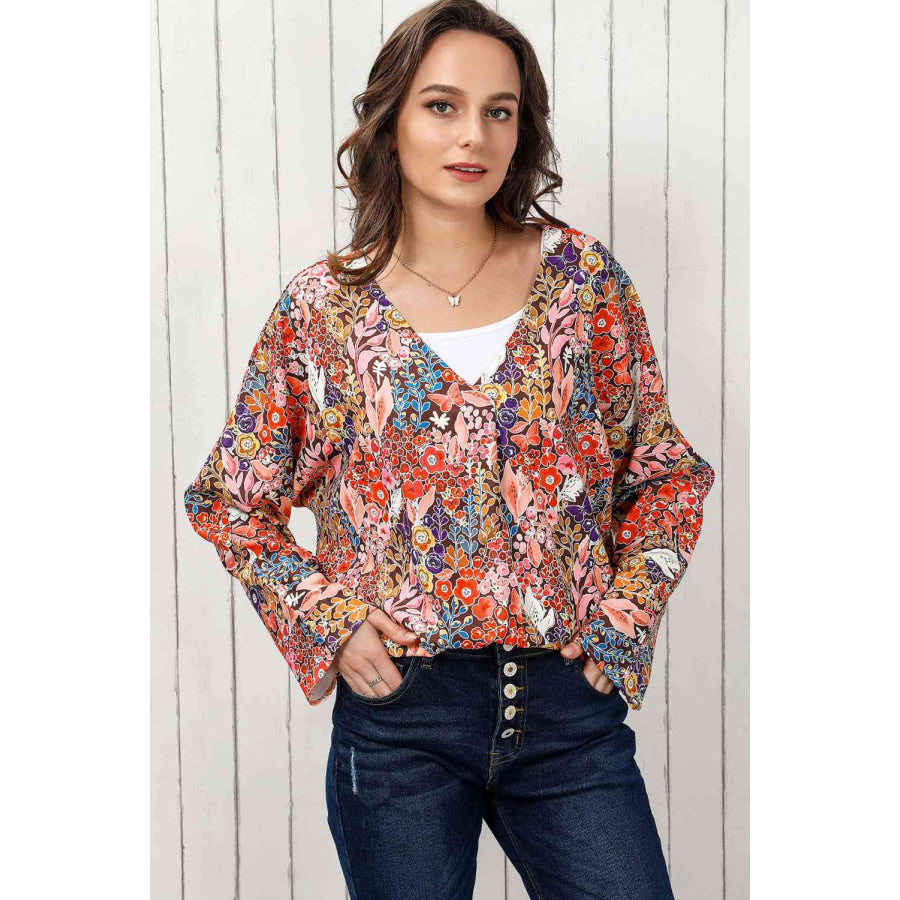 Double Take Floral V-Neck Long Sleeve Blouse Shirts & Tops