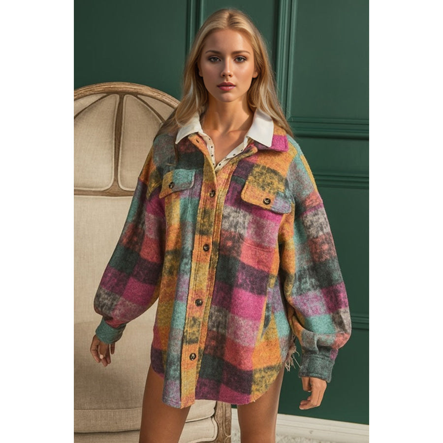 Double Take Full Size Button Up Plaid Shacket with Pockets Multicolored / S Apparel and Accessories