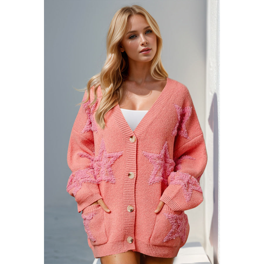 Double Take Full Size Button Up Star Pattern Cardigan Coral / S/M Apparel and Accessories
