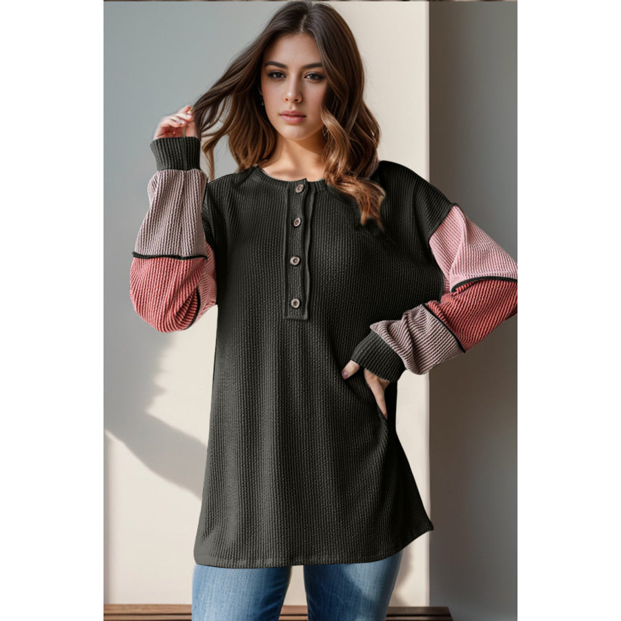 Double Take Full Size Color Block Round Neck Long Sleeve T-Shirt Black / S Apparel and Accessories