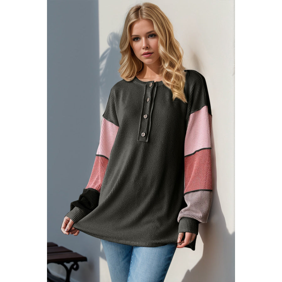 Double Take Full Size Color Block Round Neck Long Sleeve T-Shirt Black / S Apparel and Accessories