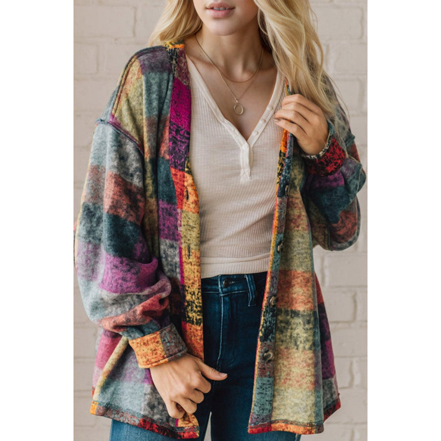 Double Take Full Size Exposed Seam Button Up Shacket Multicolored / S Apparel and Accessories