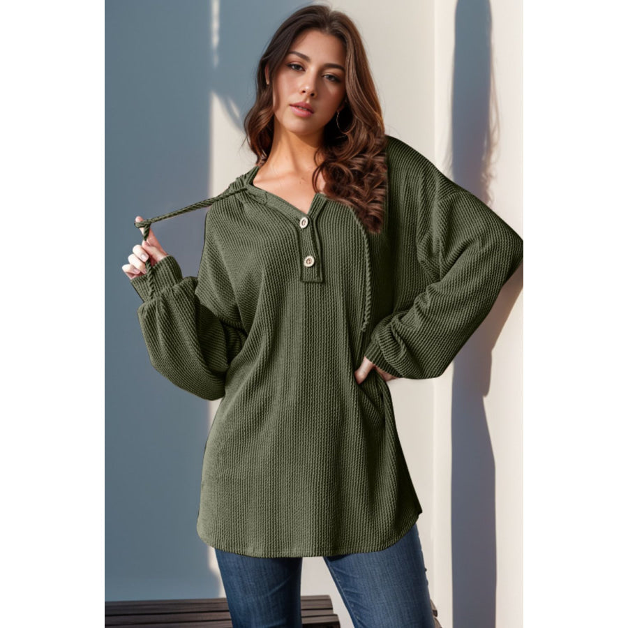 Double Take Full Size Half Button Long Sleeve Hoodie Apparel and Accessories
