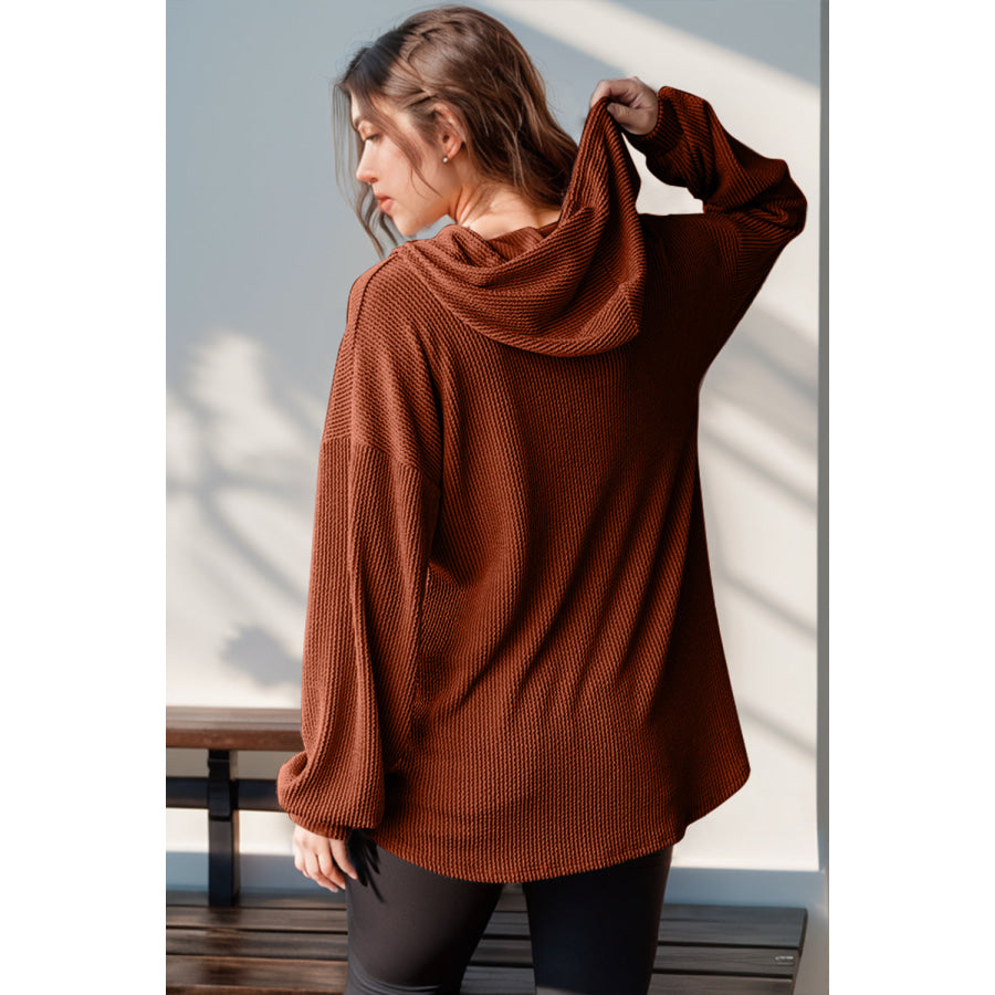 Double Take Full Size Half Button Long Sleeve Hoodie Apparel and Accessories