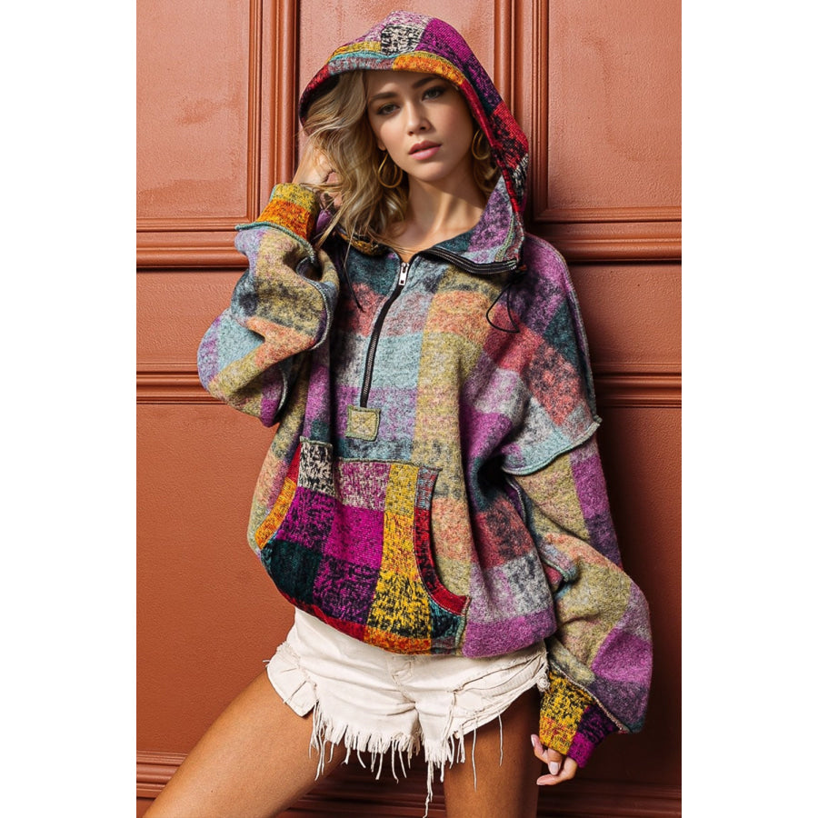 Double Take Full Size Half Zip Exposed Seam Hoodie Multicolored / S Apparel and Accessories