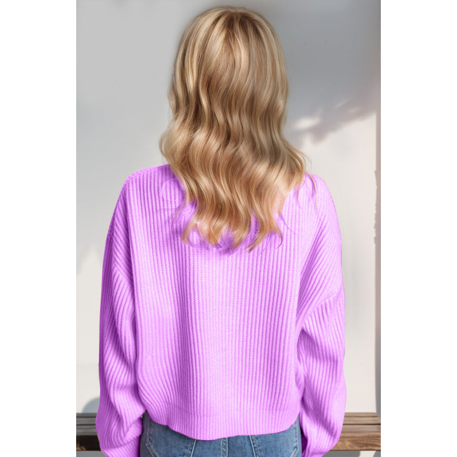 Double Take Full Size MERRY & BRIGHT Christmas Dropped Shoulder Cropped Sweater Apparel and Accessories