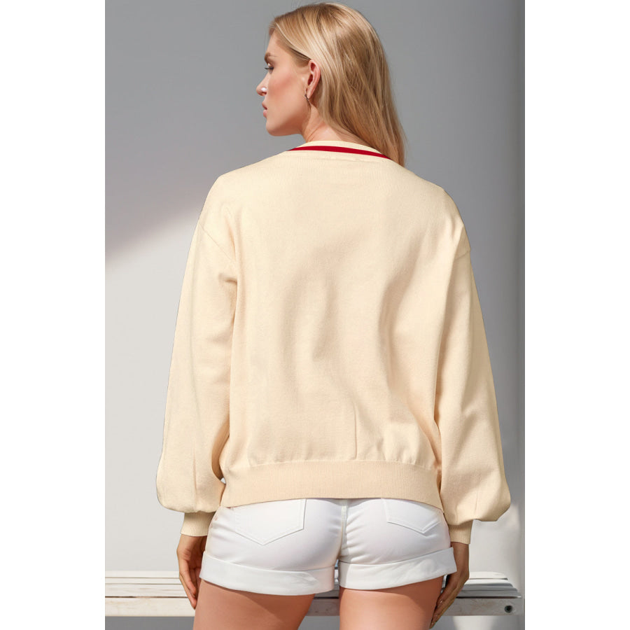 Double Take Full Size Nutcracker Sequin Bow Decor Cardigan Cream / S/M Apparel and Accessories