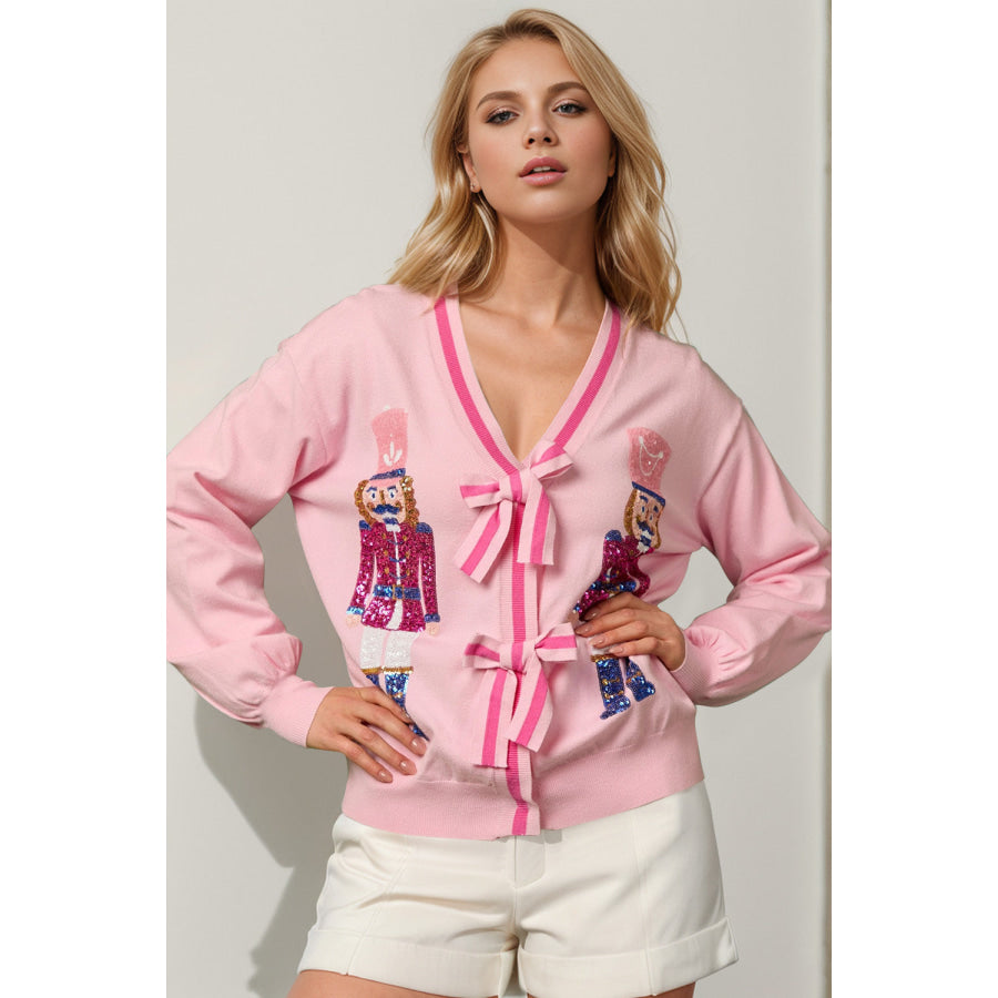 Double Take Full Size Nutcracker Sequin Bow Decor Cardigan Blush Pink / S/M Apparel and Accessories