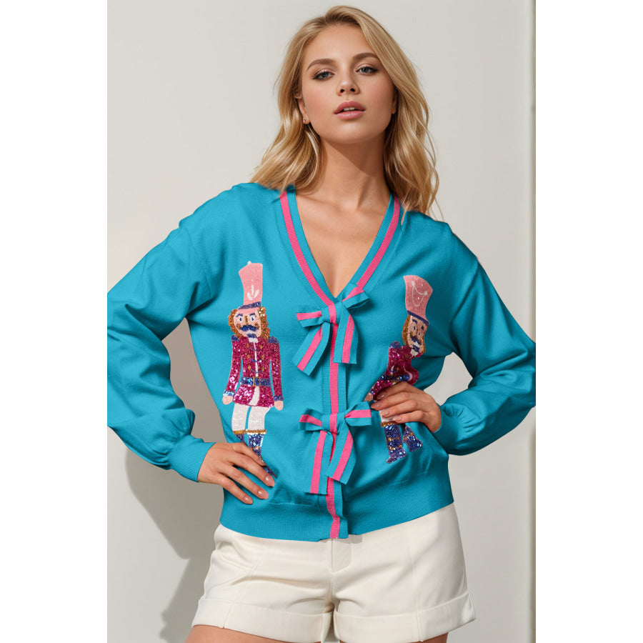 Double Take Full Size Nutcracker Sequin Bow Decor Cardigan Cerulean / S/M Apparel and Accessories