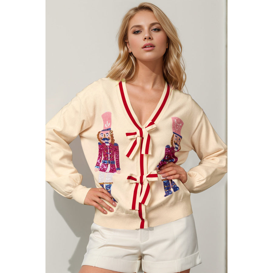 Double Take Full Size Nutcracker Sequin Bow Decor Cardigan Cream / S/M Apparel and Accessories