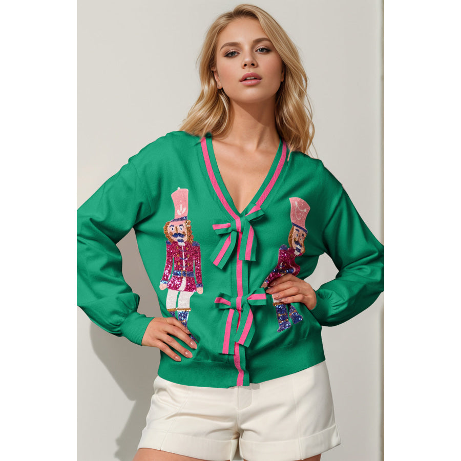 Double Take Full Size Nutcracker Sequin Bow Decor Cardigan Green / S/M Apparel and Accessories