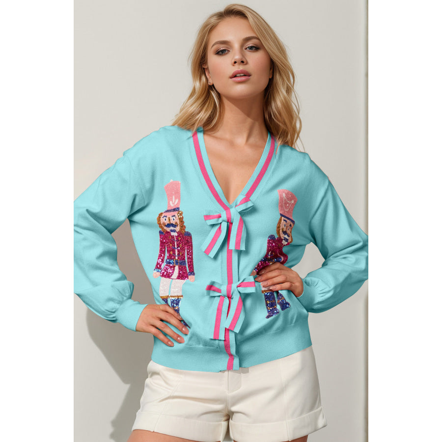 Double Take Full Size Nutcracker Sequin Bow Decor Cardigan Pastel Blue / S/M Apparel and Accessories