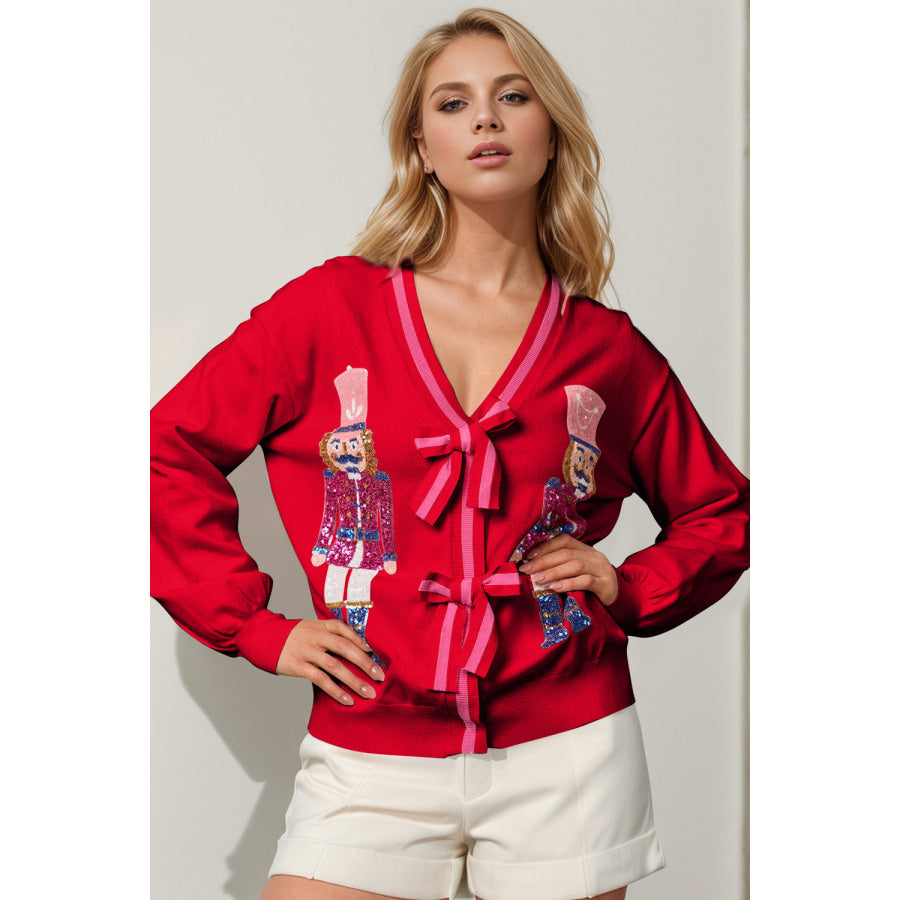 Double Take Full Size Nutcracker Sequin Bow Decor Cardigan Red / S/M Apparel and Accessories