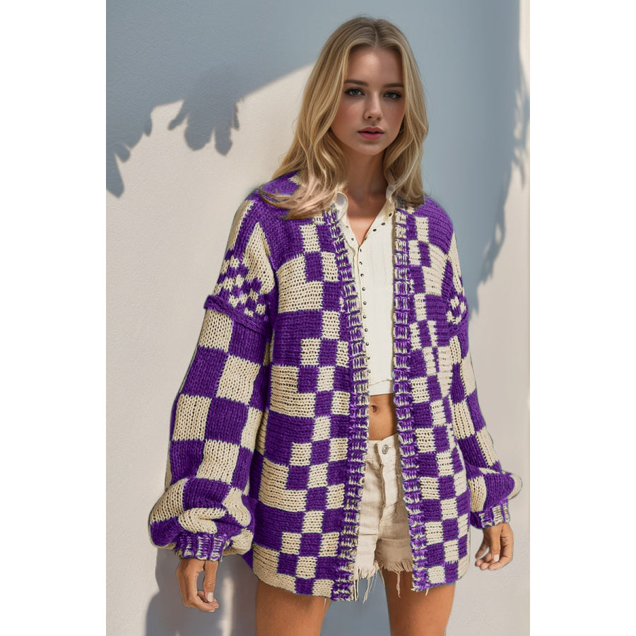 Double Take Full Size Open Front Checkered Drop Shoulder Cardigan Purple / S/M Apparel and Accessories