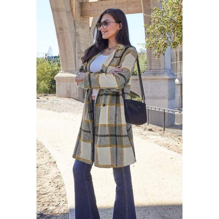 Double Take Full Size Plaid Button Up Lapel Collar Coat Clothing