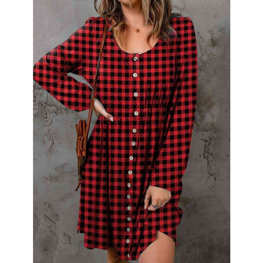 Double Take Full Size Plaid Round Neck Long Sleeve Magic Dress Dress