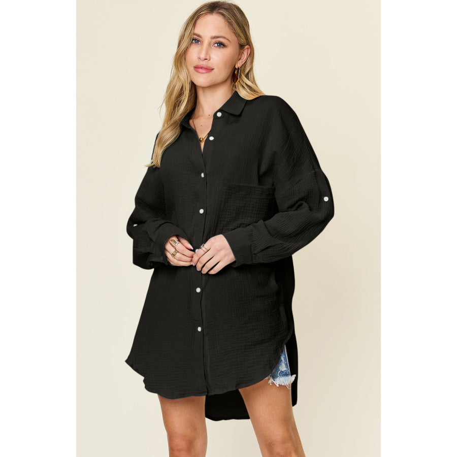 Double Take Full Size Pocketed Texture Button Up Shirt Black / S Shirts & Tops