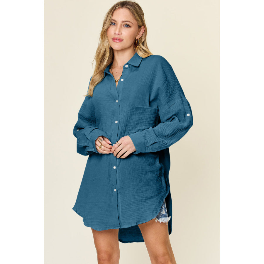 Double Take Full Size Pocketed Texture Button Up Shirt Dark Blue / S Shirts & Tops