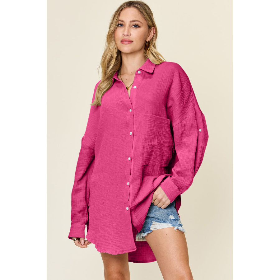 Double Take Full Size Pocketed Texture Button Up Shirt Hot Pink / S Shirts & Tops