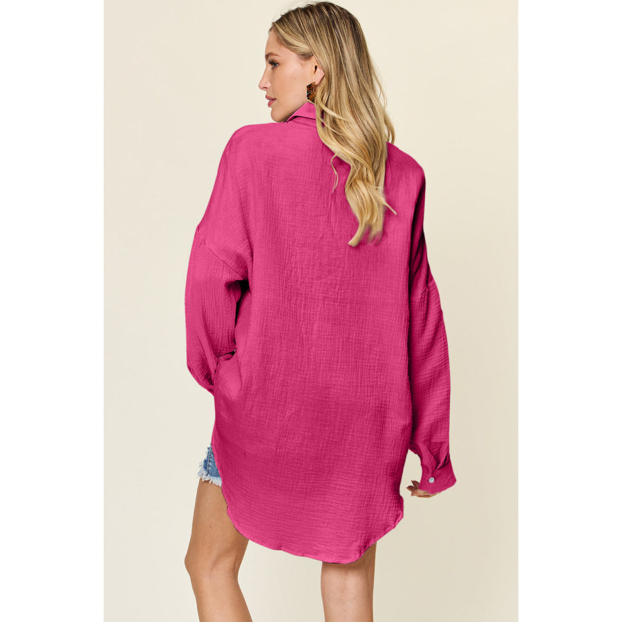 Double Take Full Size Pocketed Texture Button Up Shirt Shirts & Tops