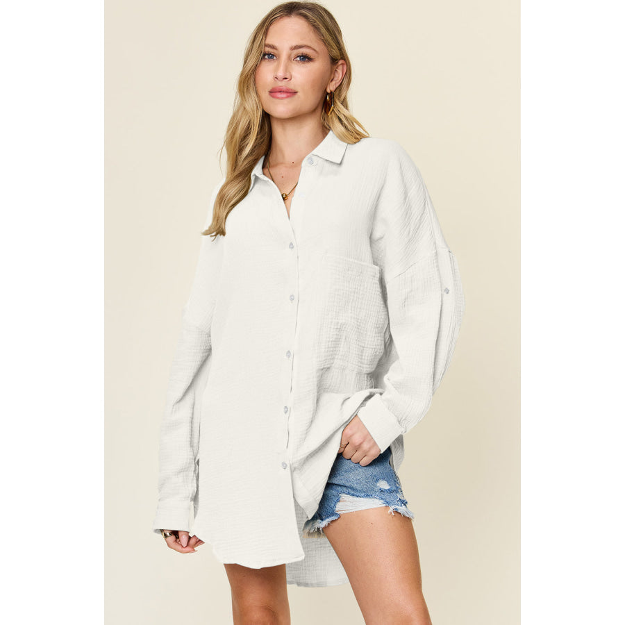 Double Take Full Size Pocketed Texture Button Up Shirt Shirts & Tops