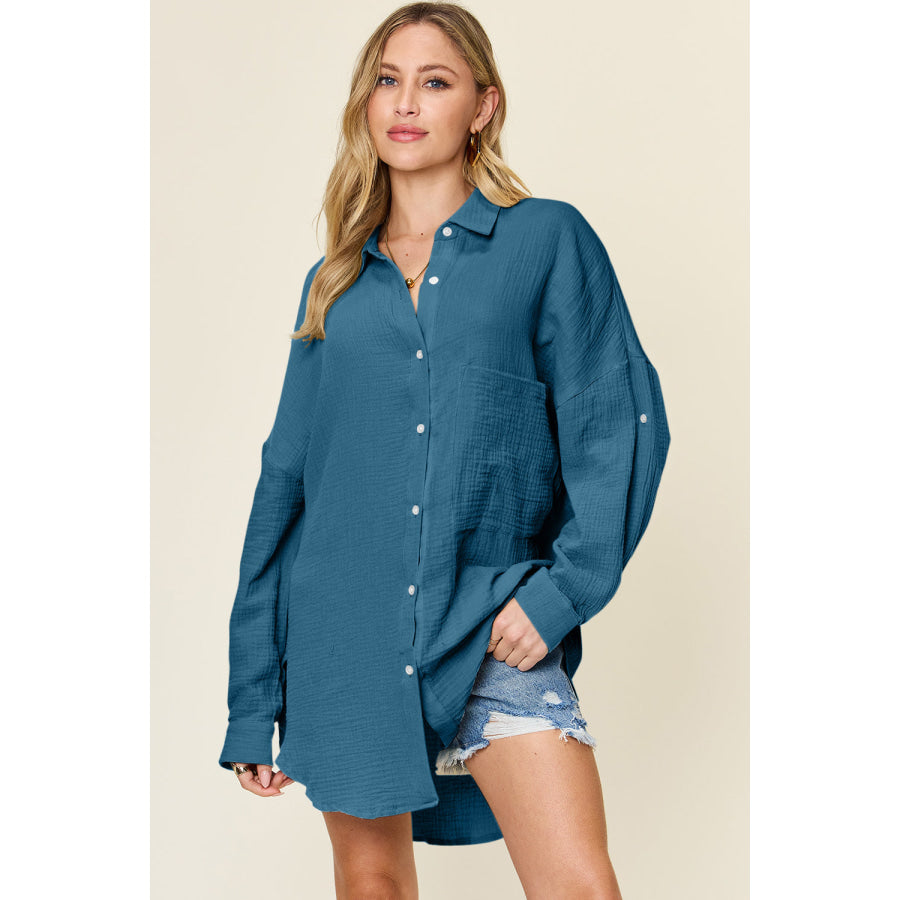 Double Take Full Size Pocketed Texture Button Up Shirt Shirts & Tops