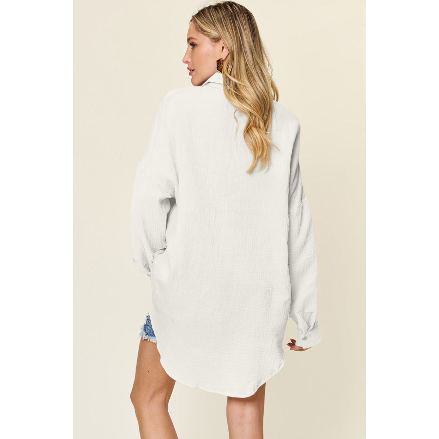 Double Take Full Size Pocketed Texture Button Up Shirt Shirts & Tops