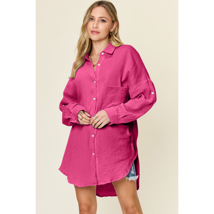 Double Take Full Size Pocketed Texture Button Up Shirt Shirts & Tops