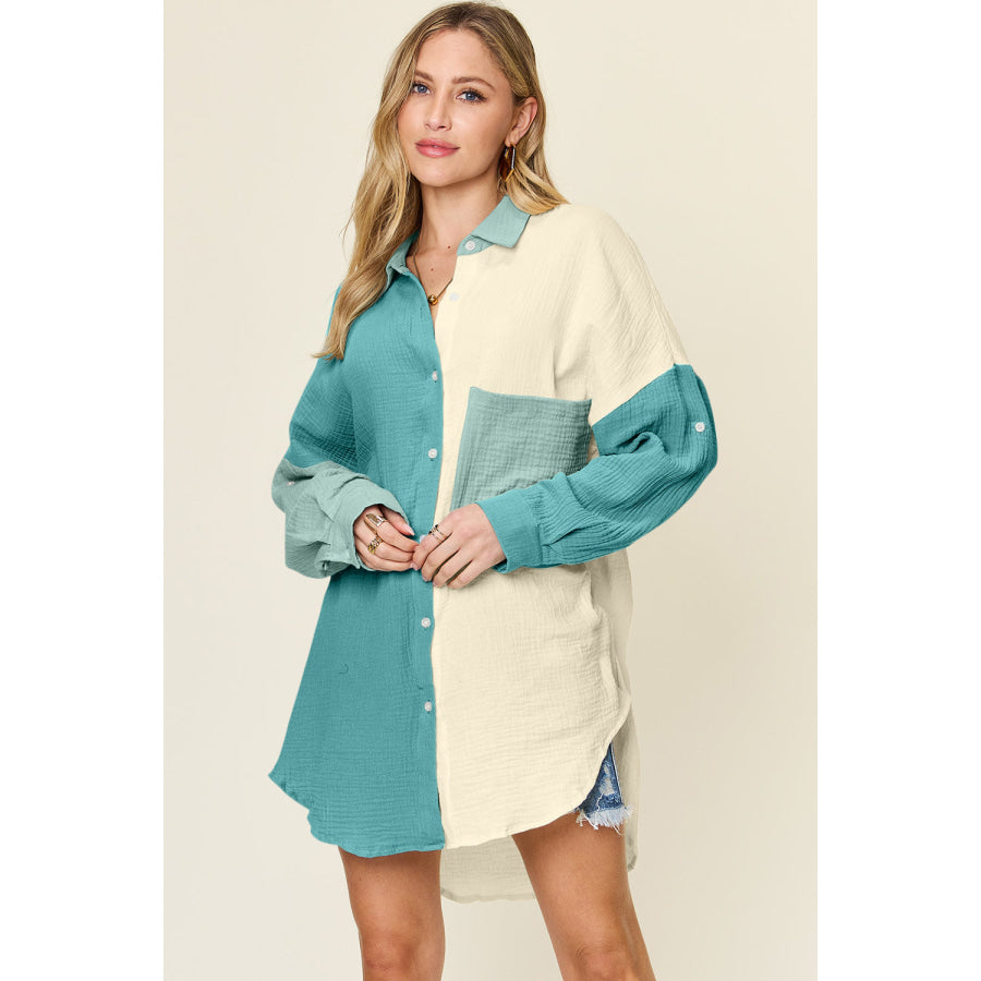 Double Take Full Size Pocketed Texture Button Up Shirt Shirts & Tops