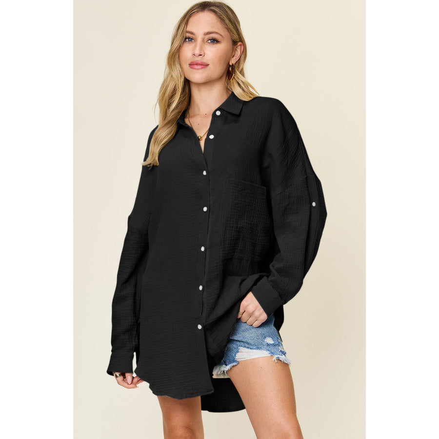 Double Take Full Size Pocketed Texture Button Up Shirt Shirts & Tops