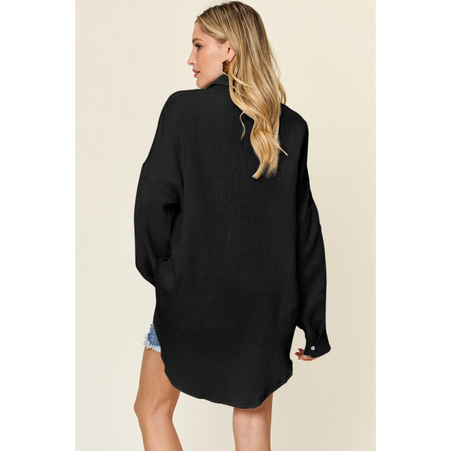 Double Take Full Size Pocketed Texture Button Up Shirt Shirts & Tops