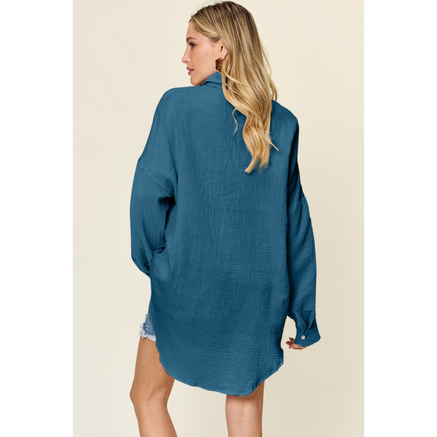 Double Take Full Size Pocketed Texture Button Up Shirt Shirts & Tops